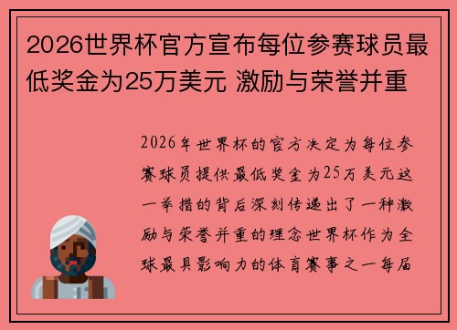 2026世界杯官方宣布每位参赛球员最低奖金为25万美元 激励与荣誉并重 2026世界杯官方宣布每位参赛球员最低奖金为25万美元 激励与荣誉并重